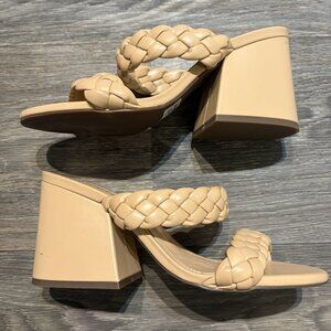 NEW SCHUTZ Elida Braided Leather Chunky Heel Slide Sandals in Honey Beige Size 8